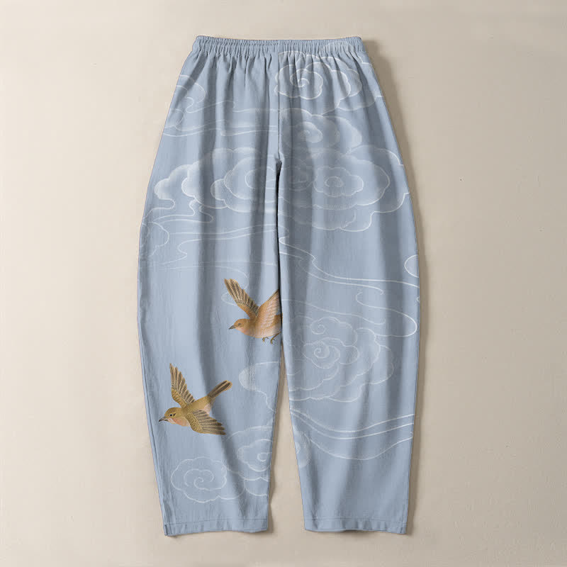 Buddha Stones Pantaloni da uomo affusolati con coulisse e tasche, in puro cotone, con motivo "Nuvola di buon auspicio e uccellino". - image 10