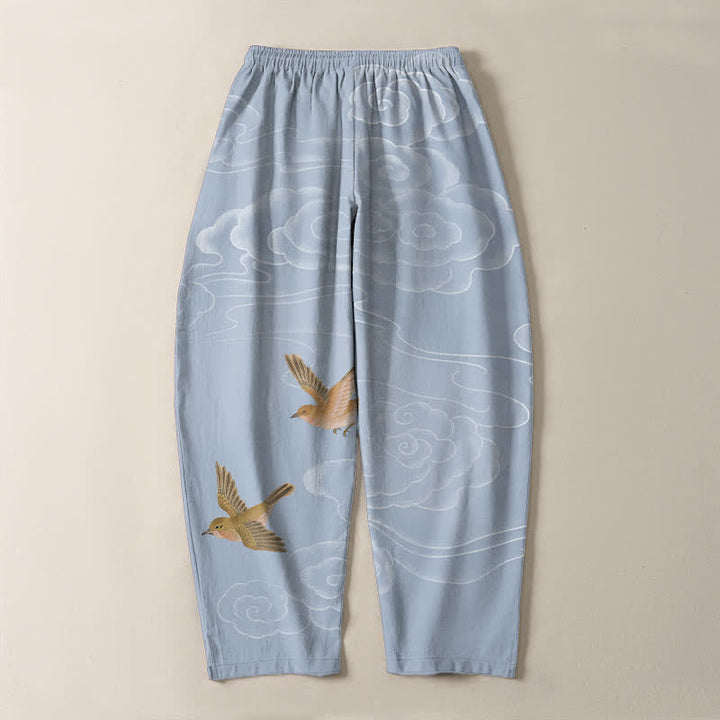 Buddha Stones Pantaloni da uomo affusolati con coulisse e tasche, in puro cotone, con motivo "Nuvola di buon auspicio e uccellino". - image 10