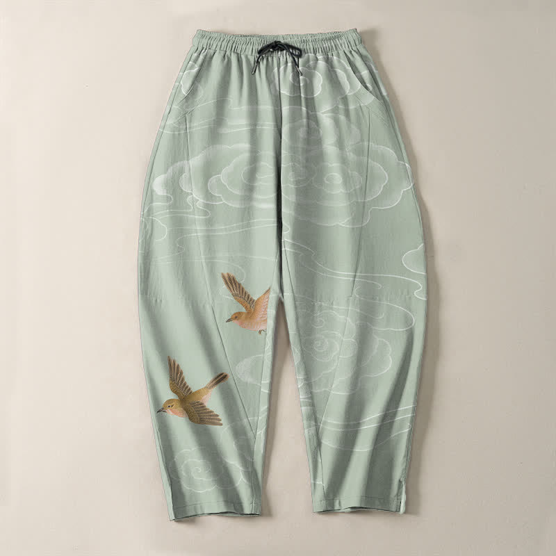 Buddha Stones Pantaloni da uomo affusolati con coulisse e tasche, in puro cotone, con motivo "Nuvola di buon auspicio e uccellino". - image 13