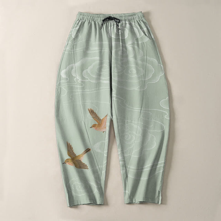 Buddha Stones Pantaloni da uomo affusolati con coulisse e tasche, in puro cotone, con motivo "Nuvola di buon auspicio e uccellino". - image 13