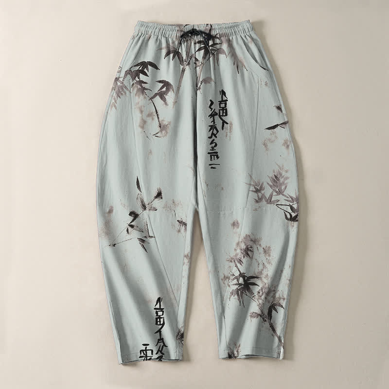 Buddha Stones Pantaloni da uomo affusolati con coulisse e tasche, in puro cotone, con motivo calligrafico Bamboo Ink e stampa a inchiostro. - image 13