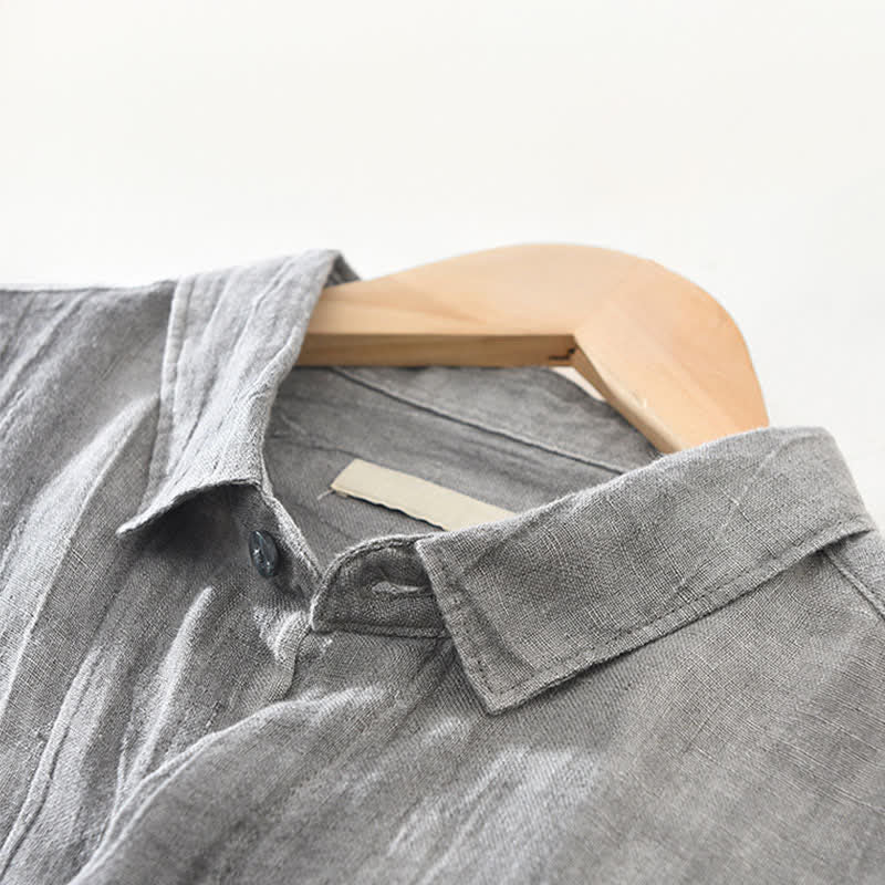 Buddha Stones Camicia da uomo a maniche lunghe in lino tinta unita, casual, primaverile, con bottoni. - image 4
