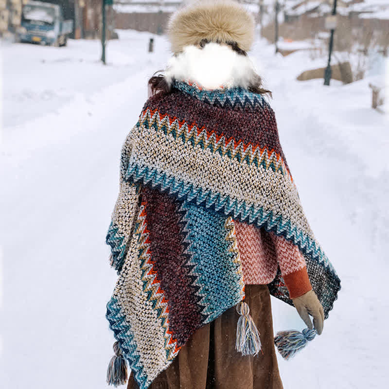 Sciarpa tibetana con Buddha Stones , blu, beige e rossa, con motivo ondulato, calda e invernale, con nappe. - Blu Beige Rosso - image 0