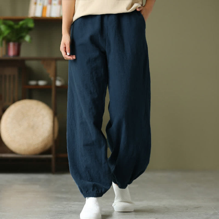 Pantaloni da donna in ramia, lino e cotone, tinta unita, con tasche, con stampa Buddha Stones. - image 52