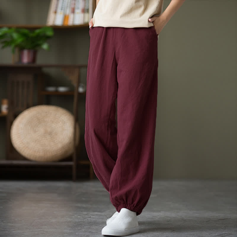 Pantaloni da donna in ramia, lino e cotone, tinta unita, con tasche, con stampa Buddha Stones. - image 57