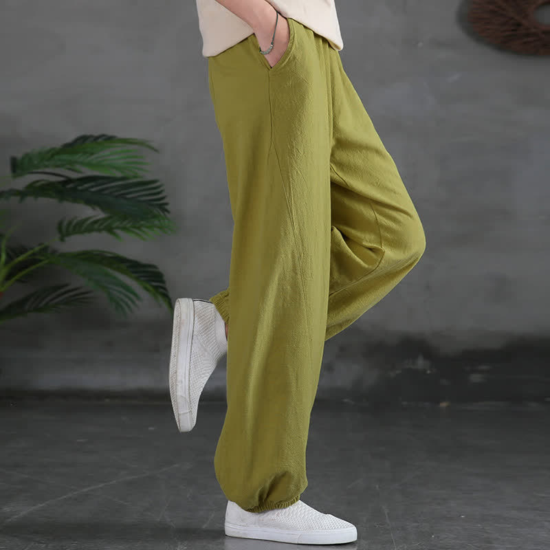 Pantaloni da donna in ramia, lino e cotone, tinta unita, con tasche, con stampa Buddha Stones. - image 20