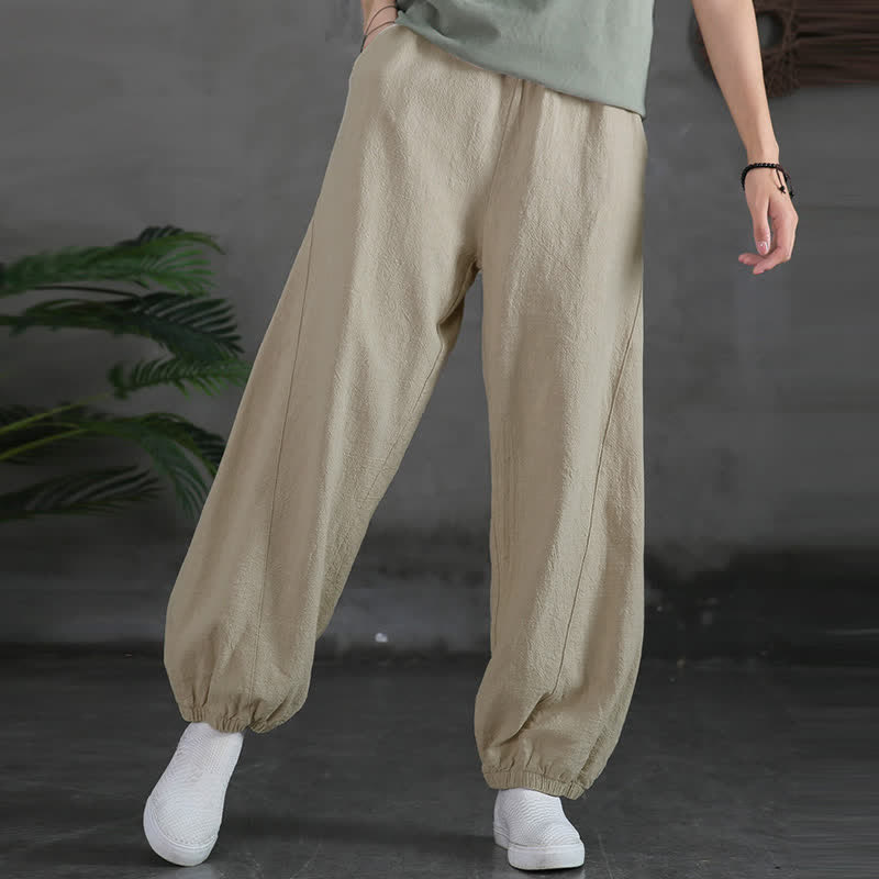 Pantaloni da donna in ramia, lino e cotone, tinta unita, con tasche, con stampa Buddha Stones. - image 14