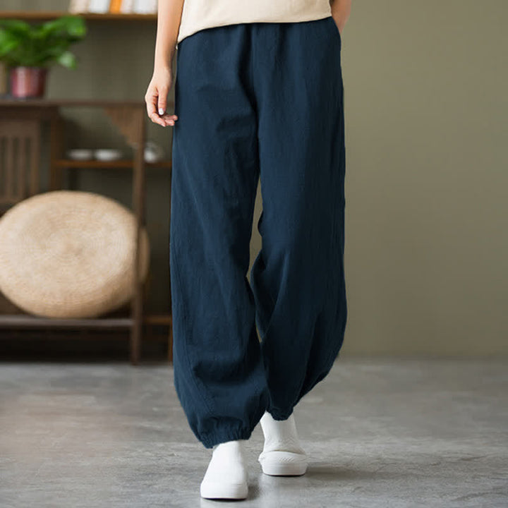 Pantaloni da donna in ramia, lino e cotone, tinta unita, con tasche, con stampa Buddha Stones. - SteelBlue - US6， UK/AU10，EU38 (L) - image 47
