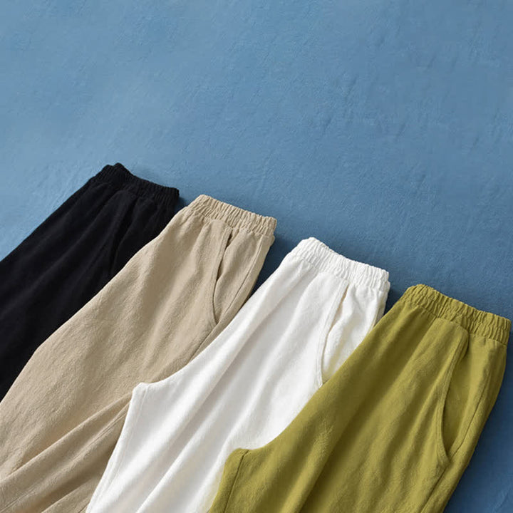 Pantaloni da donna in ramia, lino e cotone, tinta unita, con tasche, con stampa Buddha Stones. - image 46