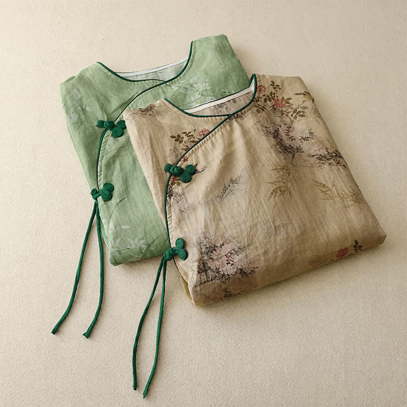 Buddha Stones Camicie da donna a maniche lunghe, stile vintage Tang, con bottoni a rana e stampa floreale, per primavera/estate. - image 19