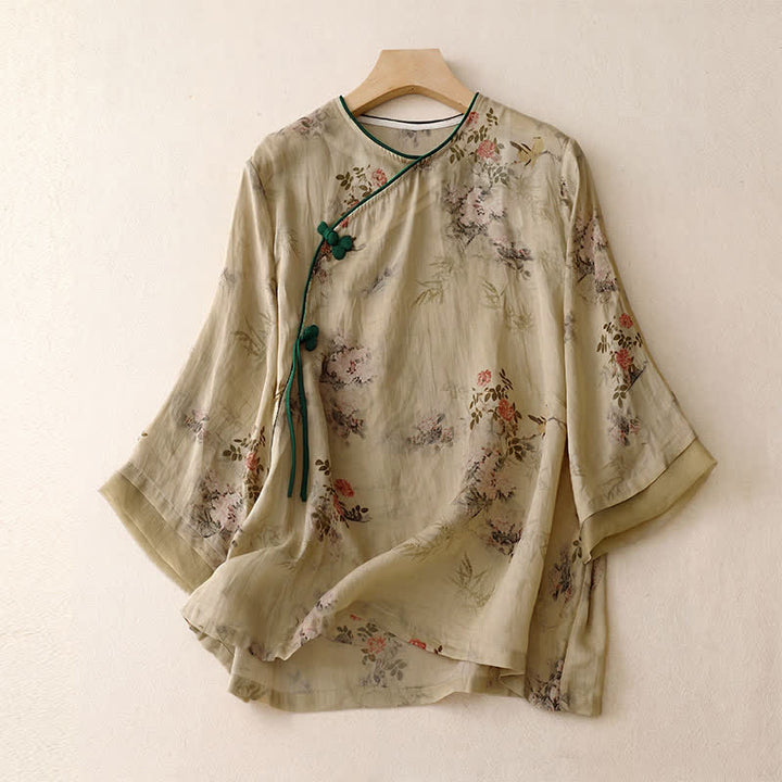 Buddha Stones Camicie da donna a maniche lunghe, stile vintage Tang, con bottoni a rana e stampa floreale, per primavera/estate. - Tan - US8-10, UK/AU12-14, EU40-42 (2XL) - image 0