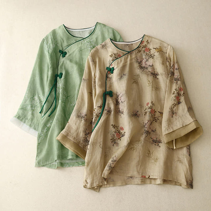 Buddha Stones Camicie da donna a maniche lunghe, stile vintage Tang, con bottoni a rana e stampa floreale, per primavera/estate. - image 18