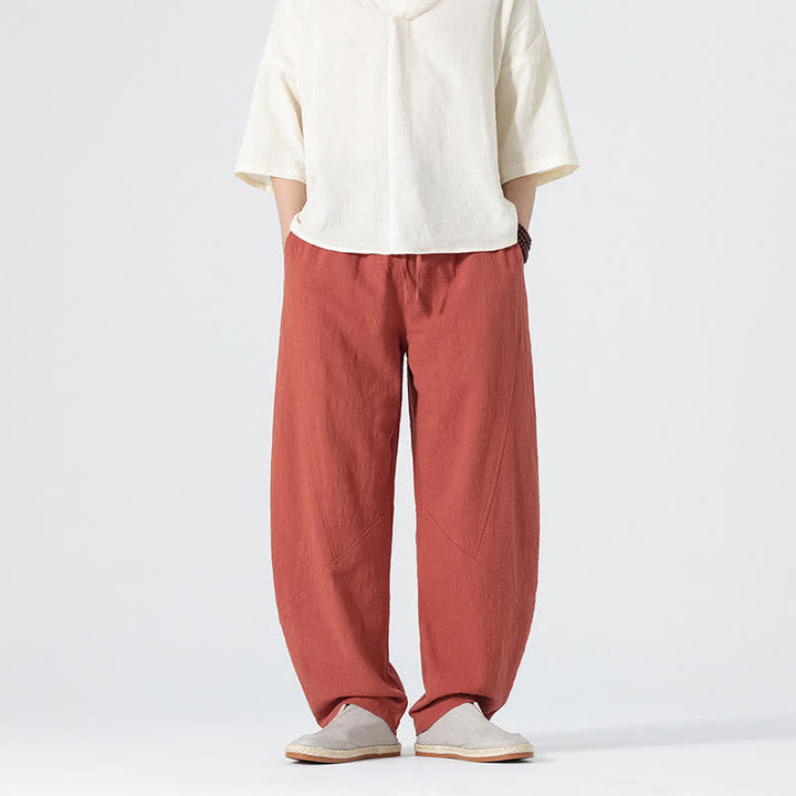 Buddha Stones Pantaloni lunghi da uomo in lino tinta unita, casual, minimalisti, con coulisse, a gamba dritta e tasche, per primavera/estate. - Rosso Indiano - US/UK/AU46, EU56 (5XL) - image 17