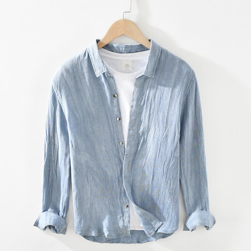 Buddha Stones Camicia da uomo a maniche lunghe in lino tinta unita, casual, primaverile, con bottoni. - Blu acciaio chiaro - US/UK/AU42, EU52 (3XL) - image 14