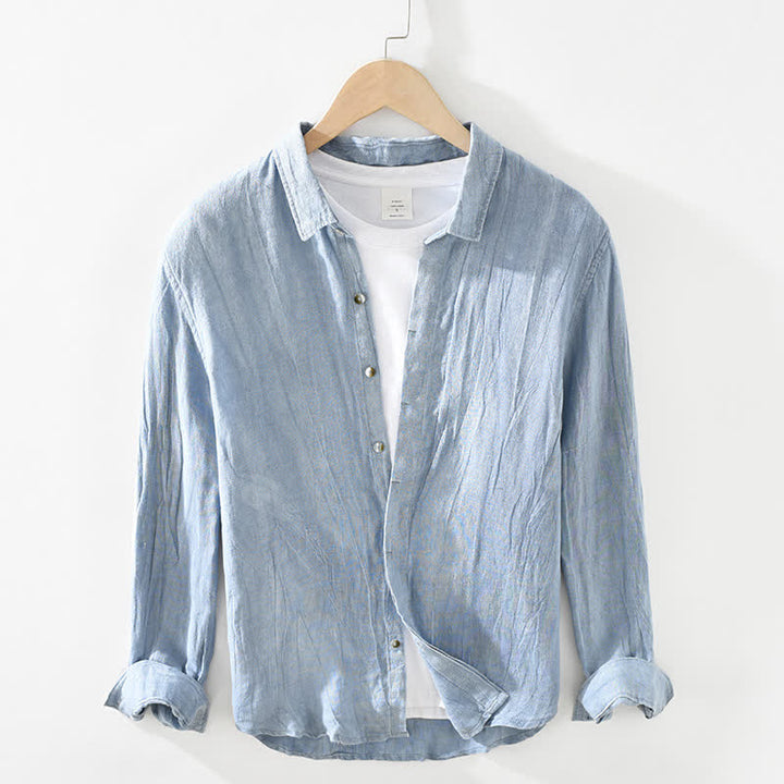 Buddha Stones Camicia da uomo a maniche lunghe in lino tinta unita, casual, primaverile, con bottoni. - Blu acciaio chiaro - US/UK/AU42, EU52 (3XL) - image 14