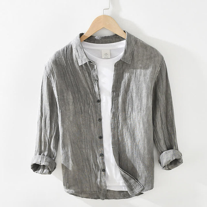 Buddha Stones Camicia da uomo a maniche lunghe in lino tinta unita, casual, primaverile, con bottoni. - Grigio - US/UK/AU42, EU52 (3XL) - image 0