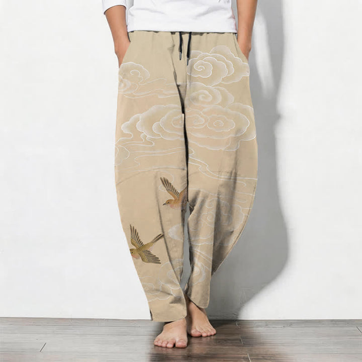 Buddha Stones Pantaloni da uomo affusolati con coulisse e tasche, in puro cotone, con motivo "Nuvola di buon auspicio e uccellino". - Beige - US/UK/AU50, EU60 (5XL) - image 0
