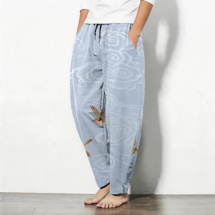 Buddha Stones Pantaloni da uomo affusolati con coulisse e tasche, in puro cotone, con motivo "Nuvola di buon auspicio e uccellino". - image 8