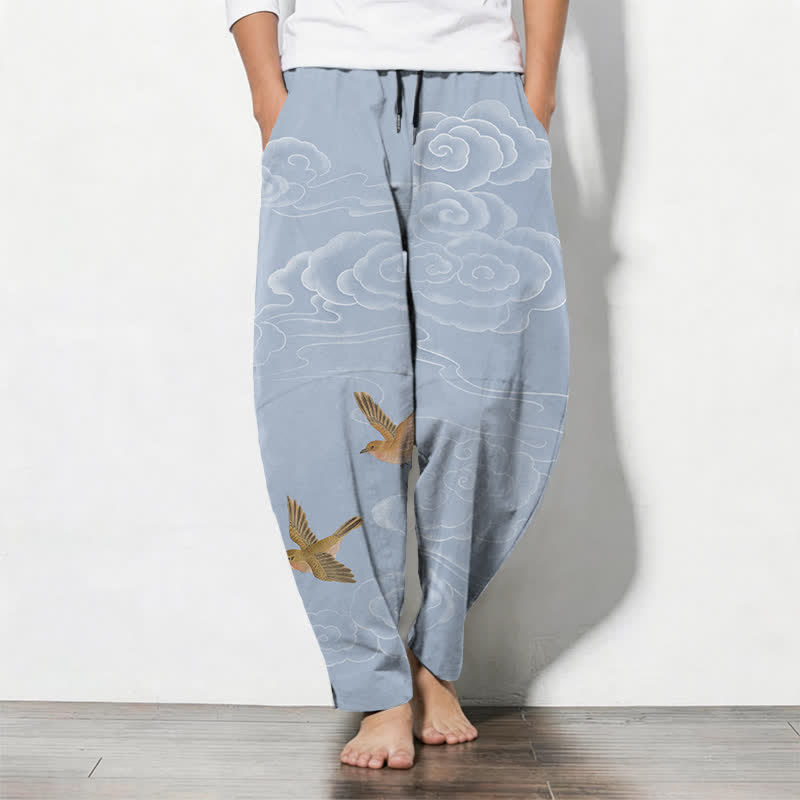 Buddha Stones Pantaloni da uomo affusolati con coulisse e tasche, in puro cotone, con motivo "Nuvola di buon auspicio e uccellino". - Azzurro chiaro - US/UK/AU50, EU60 (5XL) - image 7