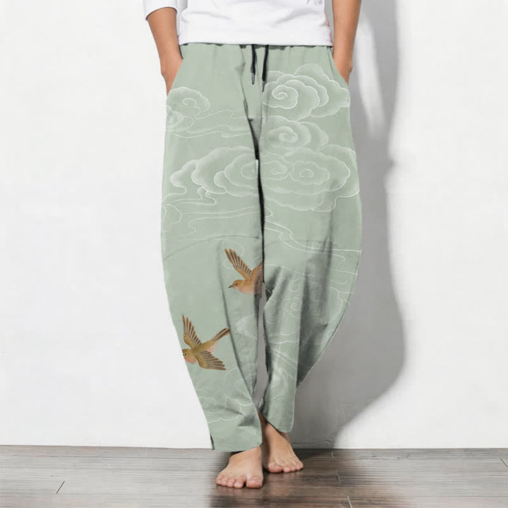 Buddha Stones Pantaloni da uomo affusolati con coulisse e tasche, in puro cotone, con motivo "Nuvola di buon auspicio e uccellino". - Verde Mare Scuro - US/UK/AU50, EU60 (5XL) - image 11