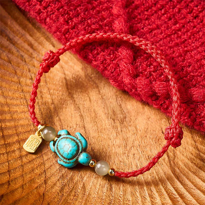 Buddha Stones Braccialetto portafortuna con perline di giada e tartaruga turchese intrecciate a mano, con personaggio Fu. - Rosso (Circonferenza del polso: 5,9–8,3 pollici / 15–21 cm) - image 11