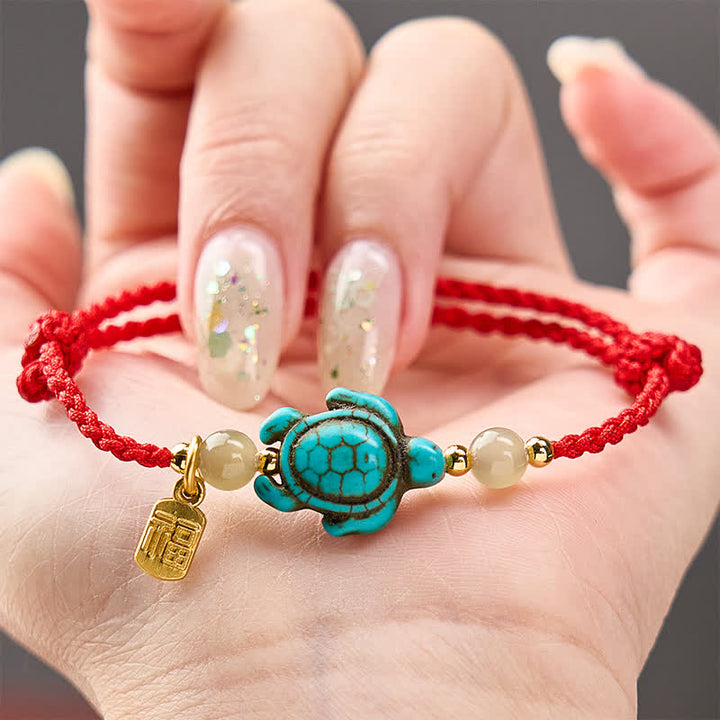Buddha Stones Braccialetto portafortuna con perline di giada e tartaruga turchese intrecciate a mano, con personaggio Fu. - image 14