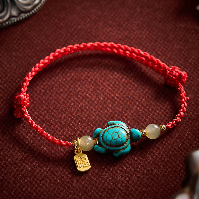 Buddha Stones Braccialetto portafortuna con perline di giada e tartaruga turchese intrecciate a mano, con personaggio Fu. - image 12