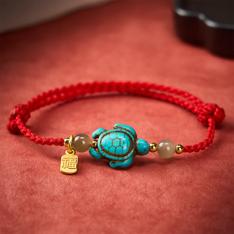 Buddha Stones Braccialetto portafortuna con perline di giada e tartaruga turchese intrecciate a mano, con personaggio Fu. - image 13