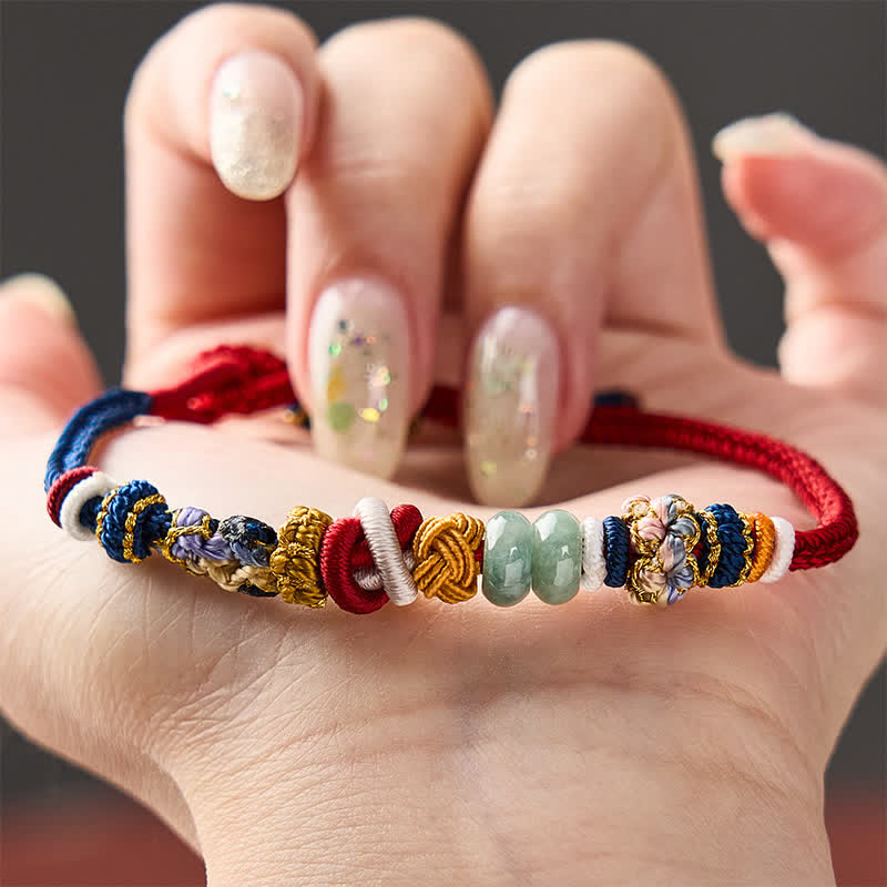 Buddha Stones Braccialetto con perline di giada a forma di fiore di pesco, intrecciate a mano, con cordino rosso e blu navy. - image 4