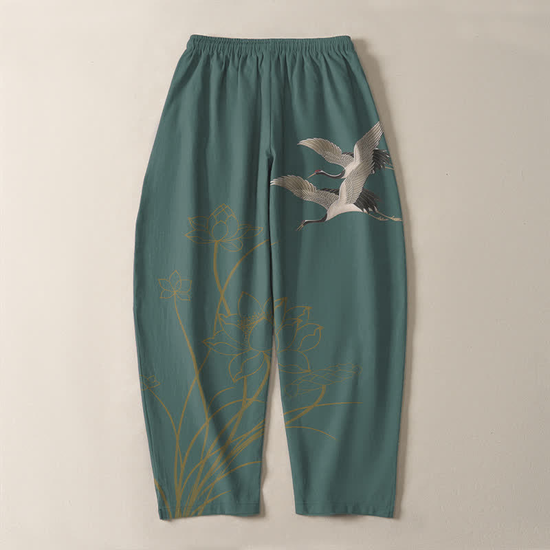 Buddha Stones Pantaloni da uomo affusolati con coulisse e tasche, in puro cotone, con motivo gru volante e loto. - image 14