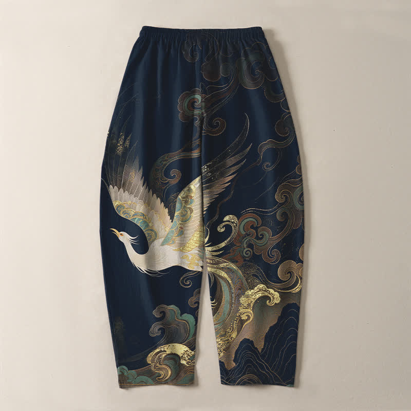 Buddha Stones Pantaloni da uomo affusolati con coulisse e tasche, in puro cotone, con motivo a onde e nuvole di gru. - image 10