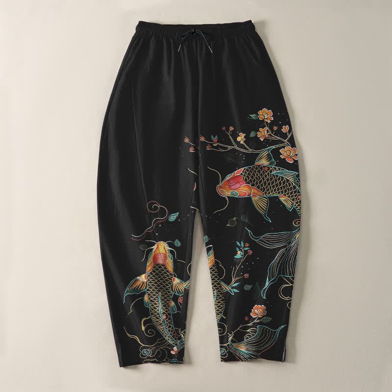 Buddha Stones Pantaloni da uomo affusolati con coulisse e tasche, in puro cotone, con motivo floreale e pesci koi. - image 2