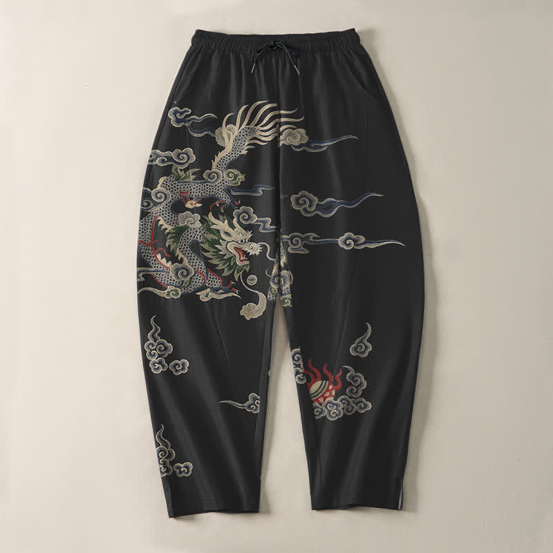 Buddha Stones Pantaloni da uomo affusolati con coulisse e tasche, in puro cotone, con motivo drago, nuvola e palla di fuoco. - image 13