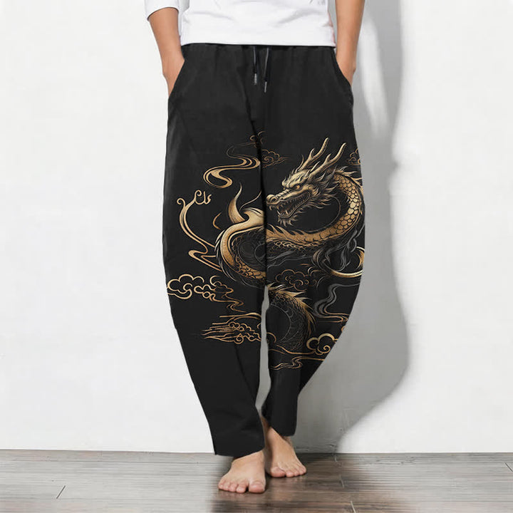 Buddha Stones Pantaloni da uomo affusolati con coulisse e tasche, in puro cotone, con motivo drago dorato e nuvole di buon auspicio. - Nero - US/UK/AU50, EU60 (5XL) - image 0