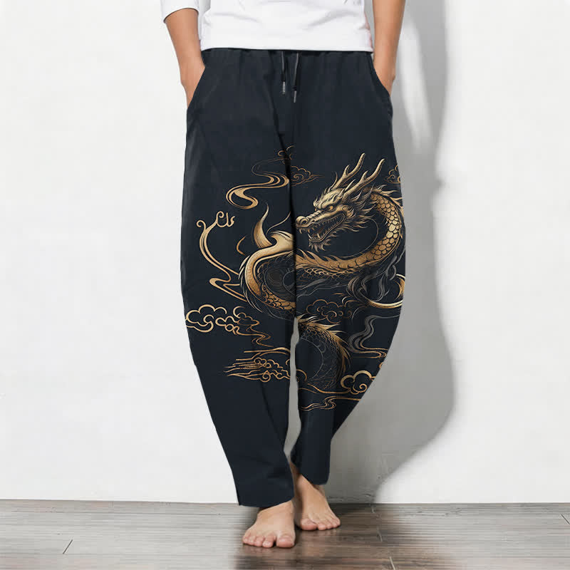 Buddha Stones Pantaloni da uomo affusolati con coulisse e tasche, in puro cotone, con motivo drago dorato e nuvole di buon auspicio. - Blu notte - US/UK/AU50, EU60 (5XL) - image 7