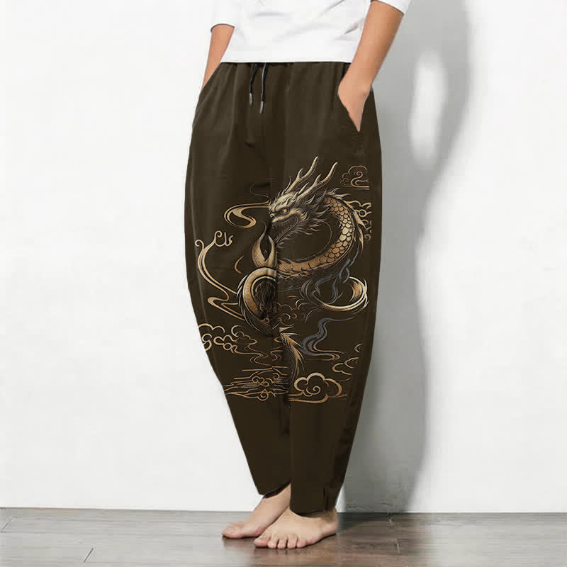 Buddha Stones Pantaloni da uomo affusolati con coulisse e tasche, in puro cotone, con motivo drago dorato e nuvole di buon auspicio. - image 12