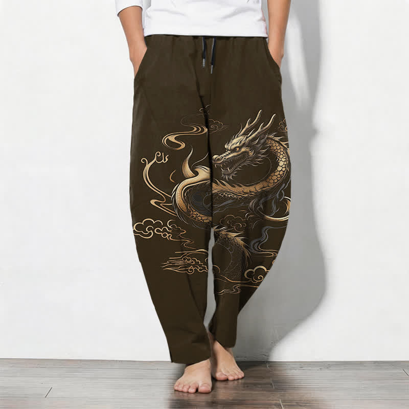 Buddha Stones Pantaloni da uomo affusolati con coulisse e tasche, in puro cotone, con motivo drago dorato e nuvole di buon auspicio. - Verde oliva scuro - US/UK/AU50, EU60 (5XL) - image 11