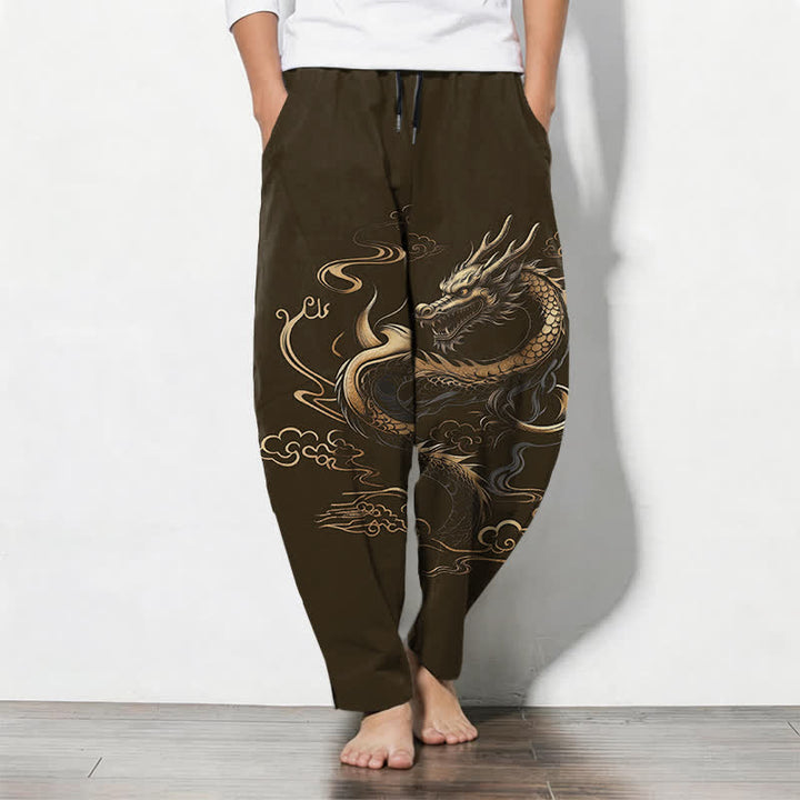Buddha Stones Pantaloni da uomo affusolati con coulisse e tasche, in puro cotone, con motivo drago dorato e nuvole di buon auspicio. - Verde oliva scuro - US/UK/AU50, EU60 (5XL) - image 11