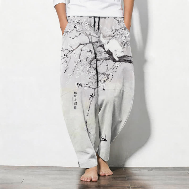 Buddha Stones Pantaloni da uomo affusolati con coulisse e tasche, in puro cotone, con stampa di gatto color prugna e inchiostro. - Grigio chiaro - US/UK/AU50, EU60 (5XL) - image 0