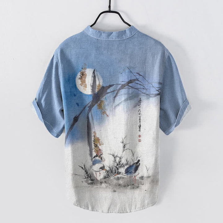 Buddha Stones Camicia da uomo a maniche corte con mezza abbottonatura, stampata su cotone con motivo "Moon Bird" e inchiostro. - image 1