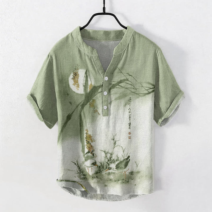 Buddha Stones Camicia da uomo a maniche corte con mezza abbottonatura, stampata su cotone con motivo "Moon Bird" e inchiostro. - Verde chiaro - US/UK/AU50, EU60 (5XL) - image 3