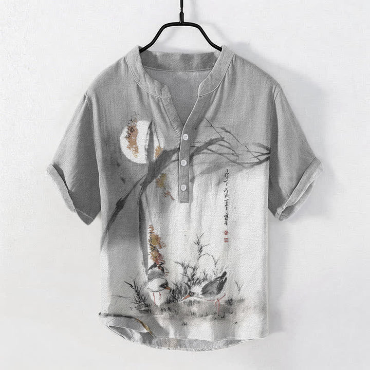 Buddha Stones Camicia da uomo a maniche corte con mezza abbottonatura, stampata su cotone con motivo "Moon Bird" e inchiostro. - Grigio chiaro - US/UK/AU50, EU60 (5XL) - image 5