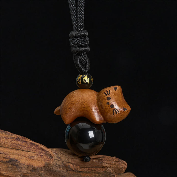 Buddha Stones Collana con perline di sandalo, gatto, ossidiana nera, Om Mani Padme Hum, perline di protezione. - image 2