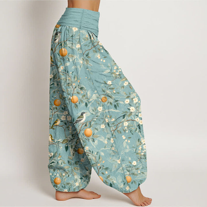 Buddha Stones Pantaloni harem da donna in cotone con motivo uccelli e fiori d'arancio e vita elasticizzata - image 2