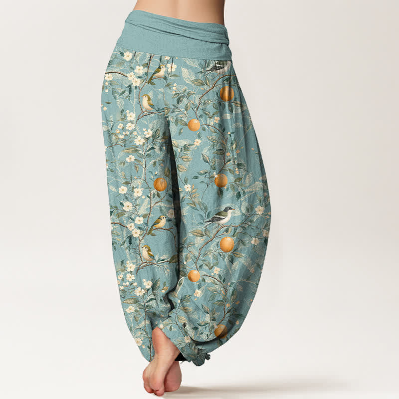 Buddha Stones Pantaloni harem da donna in cotone con motivo uccelli e fiori d'arancio e vita elasticizzata - image 1