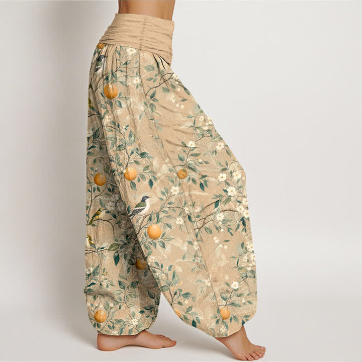 Buddha Stones Pantaloni harem da donna in cotone con motivo uccelli e fiori d'arancio e vita elasticizzata - image 7