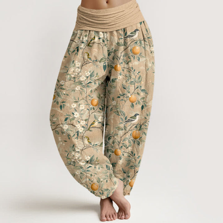 Buddha Stones Pantaloni harem da donna in cotone con motivo uccelli e fiori d'arancio e vita elasticizzata - Tan - US16, UK/AU20, EU48 (3XL) - image 5
