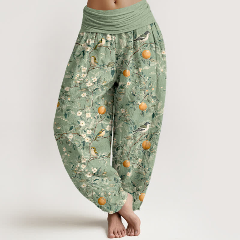 Buddha Stones Pantaloni harem da donna in cotone con motivo uccelli e fiori d'arancio e vita elasticizzata - Verde Mare Scuro - US16, UK/AU20, EU48 (3XL) - image 8