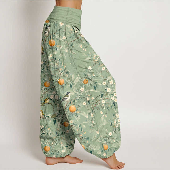 Buddha Stones Pantaloni harem da donna in cotone con motivo uccelli e fiori d'arancio e vita elasticizzata - image 10