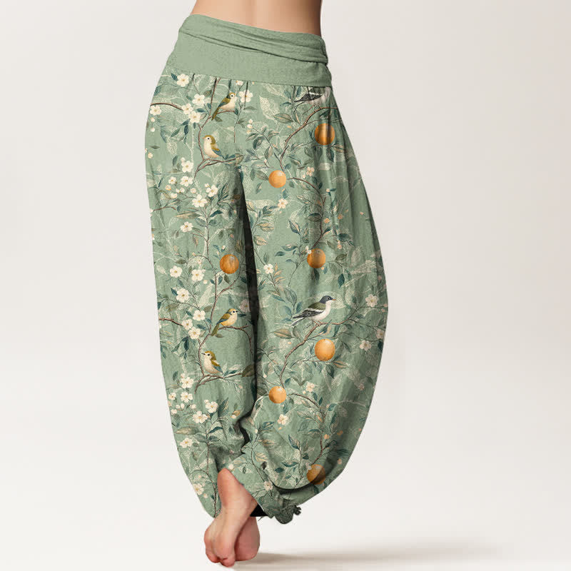 Buddha Stones Pantaloni harem da donna in cotone con motivo uccelli e fiori d'arancio e vita elasticizzata - image 9